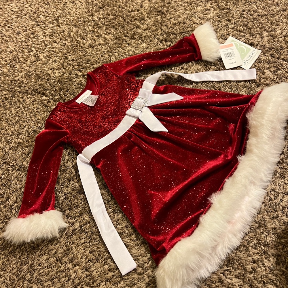 Bonnie Jean Santa Dress NWT Red Velvet Dress with White Fur Trim